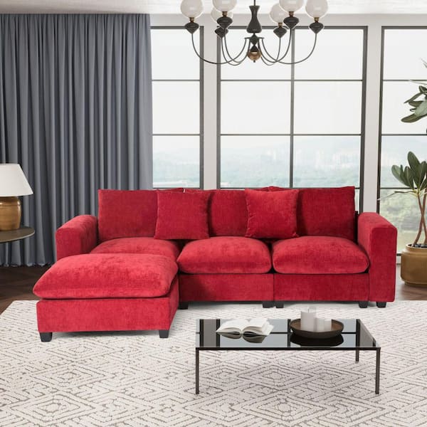 Lucca 99 in. Square Arm 4-Piece Chenille Modular Sectional Sofa Ottoman Set with USB Charge Port in Red