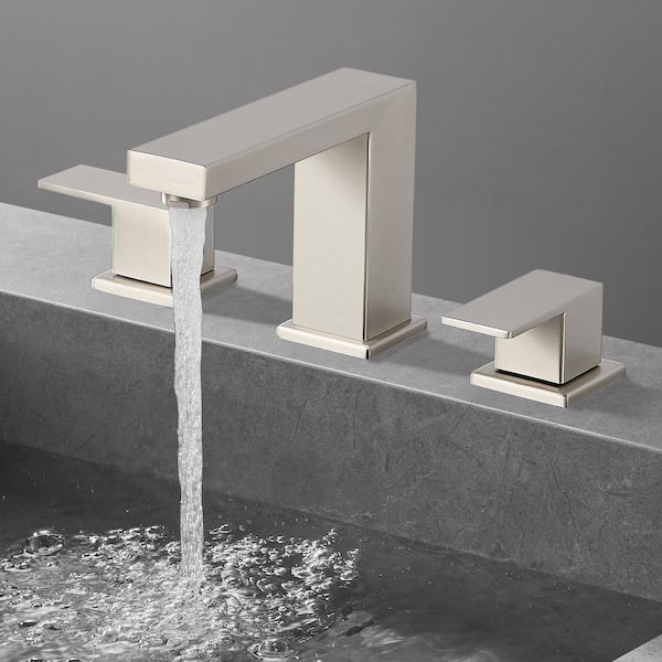 Minimalist 8 in. Widespread Double Handle Low Arc Bathroom Faucet with Drain kit Included in Brushed Nickel(1-Pack)