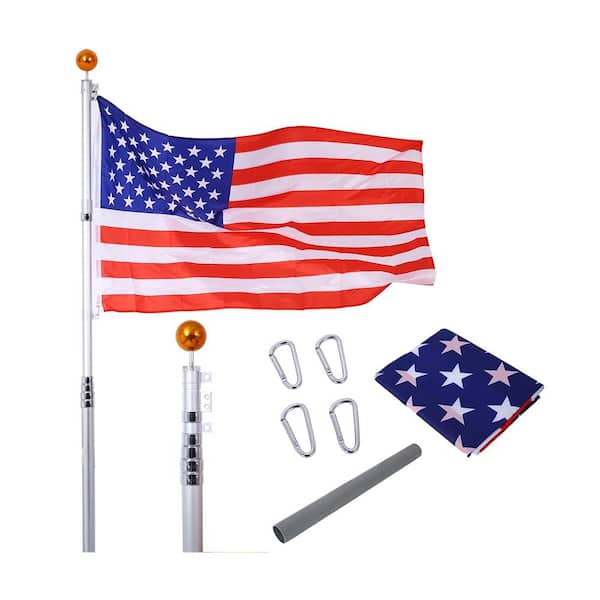 Misopily 25 ft. Telescopic Aluminum Flagpole Kit with 3 ft. x 5 ft. U.S Flag, Adjustable Height and 360° Rotating Clips, Silver