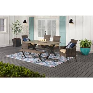 Rock Cliff 6-Piece Brown Wicker Outdoor Patio Dining Set with Bench and Sunbrella Beige Tan Cushions