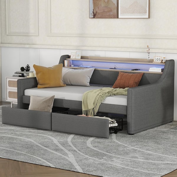 Harper & Bright Designs Gray Wood Twin Size PU Leather Upholstered Daybed with 2-Drawer, LED Lights, 2 Shelves, USB Charging, Nailhead Trim