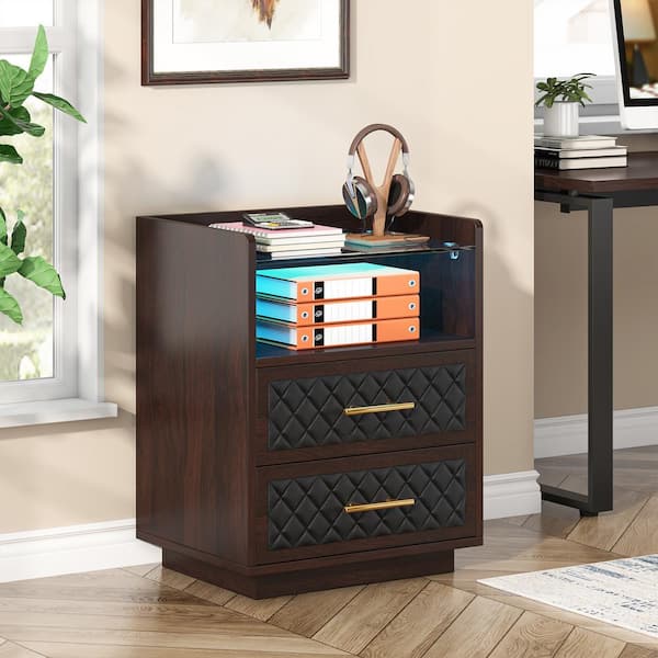 Tribesigns Night Walnut 2 Drawer 19.69 in. W Nightstand with Led Lights