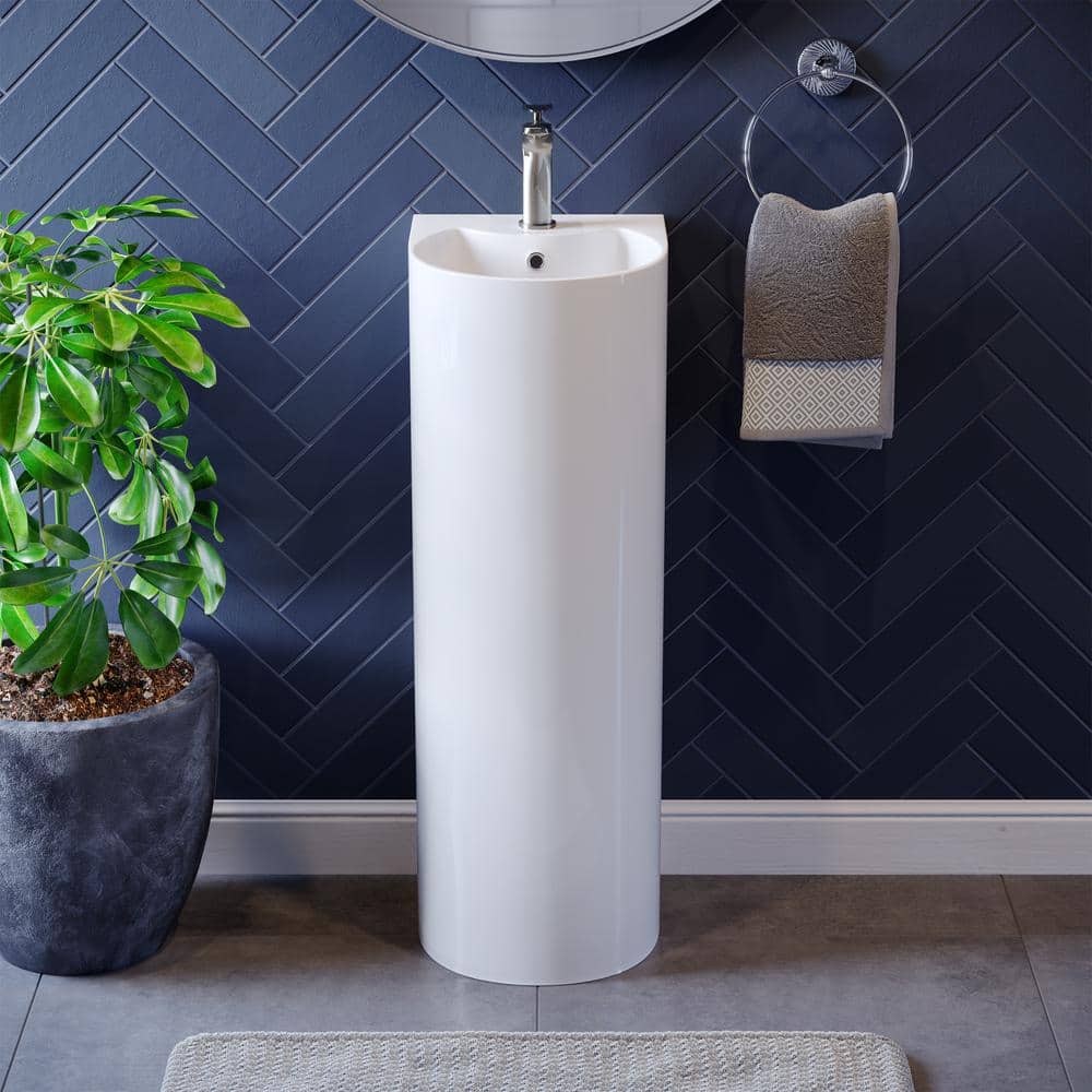 White Glossy Ceramic Pedestal Bathroom Sink