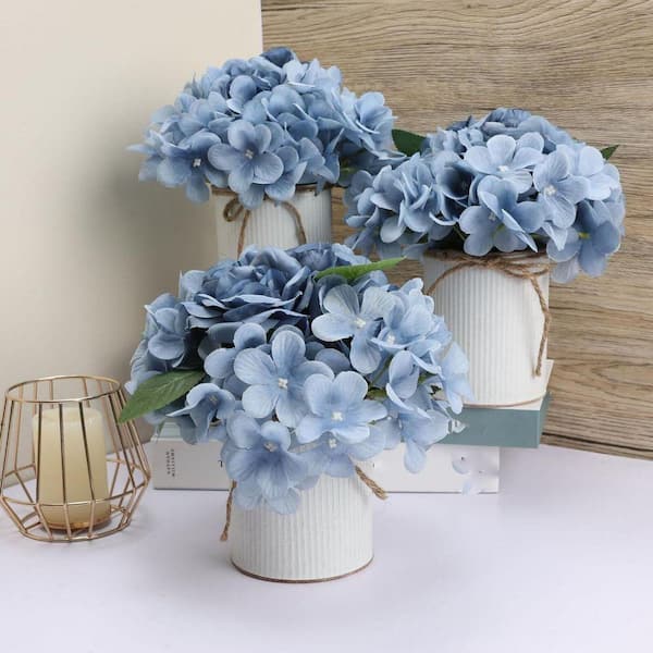 8 in. Blue Indoor Artificial Hydrangeas Floral Arrangement in