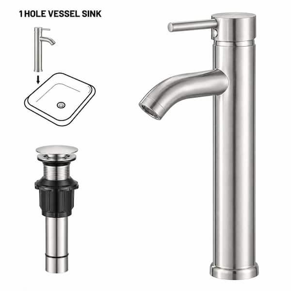 Single Hole Single Handle Bathroom Vessel Sink Faucet With Drain Assembly in Brushed Nickel