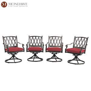 Cast Aluminum Outdoor Dining Chair Direct-Net Backrest 360 Degrees Swivel Chairs with Red Cushions (Set of 4)