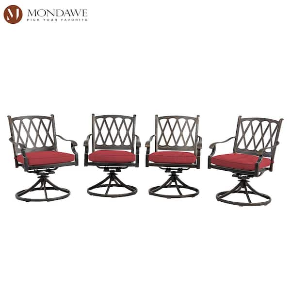 Mondawe Cast Aluminum Outdoor Dining Chair Direct-Net Backrest 360 Degrees Swivel Chairs with Red Cushions (Set of 4)