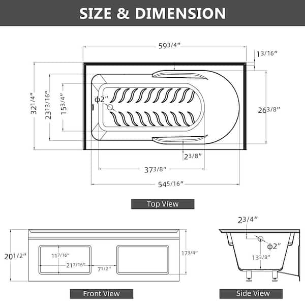 Sot 60 in. x 32 in. Alcove/Apron Front Soaking Bathtub with Left Drain Hole Rectangular Acrylic Non-Slip Tub in White