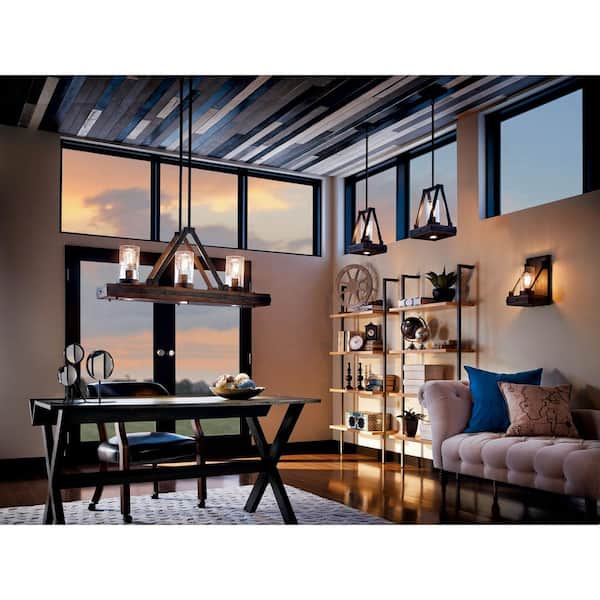 Colerne 36.25 in. 6-Light Auburn Stained Farmhouse Shaded Linear Chandelier for Dining Room