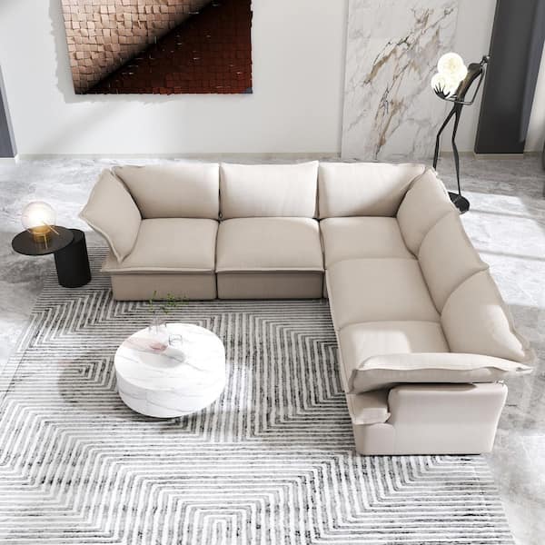 122.8 in. Flared Arm L Shaped linen 7-Seat Deep Seat 5-piece Sectional Sofa Beige with Removable Covers for Living Room