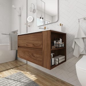 35.60 in. W x 18.10 in. D x 19.40 in. H Single Sink Floating Bath Vanity in Brown Oak with 1 White Sink Acrylic Top