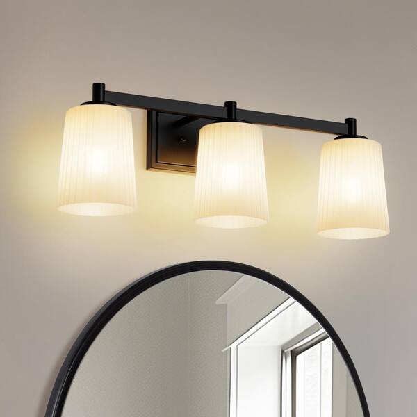 YANSUN 24 in. 3-Light Black Vanity Light with Cone Milk White Glass Shades for Bathroom, Mirror, Vanity Area