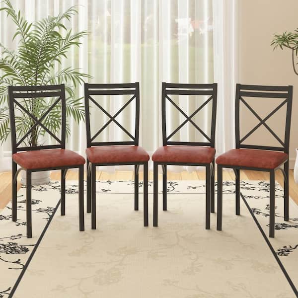 Dining Chairs (Set of 4) w/Steel Legs, Ergonomic Back and PU Leather Cushioned Seats for Kitchen and Living Room, Brown