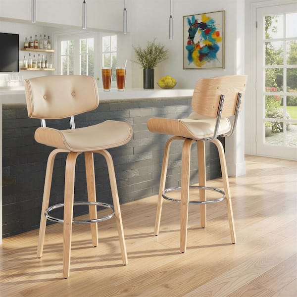 Lombardi 30.5 in. Cream Faux Leather, Natural Wood and Chrome Fixed-Height Bar Stool with Round Footrest (Set of 2)