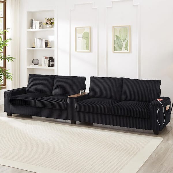 Harper & Bright Designs 133 in. Square Arm Corduroy Rectangle Sofa in. Black with USB Ports, Hidden Storage Arms, Flip-Top Cup Holders