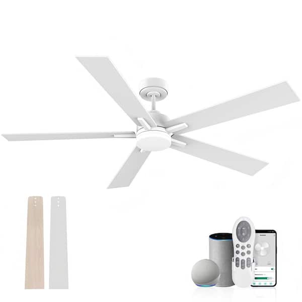 60 in. White 5 Blades Downrod Standard Ceiling Fan with Light Voice Control via/Alexa/Google/WIFI/App/DC Motor