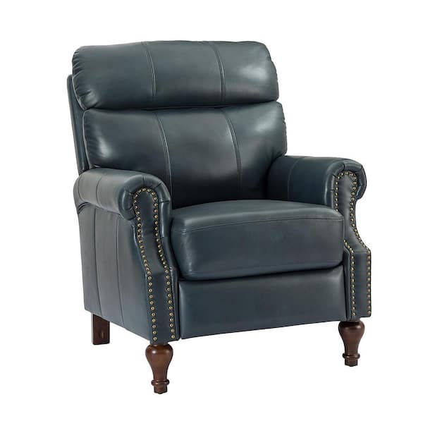 JAYDEN CREATION Calydon Navy Genuine Leather Recliner with Wooden Legs