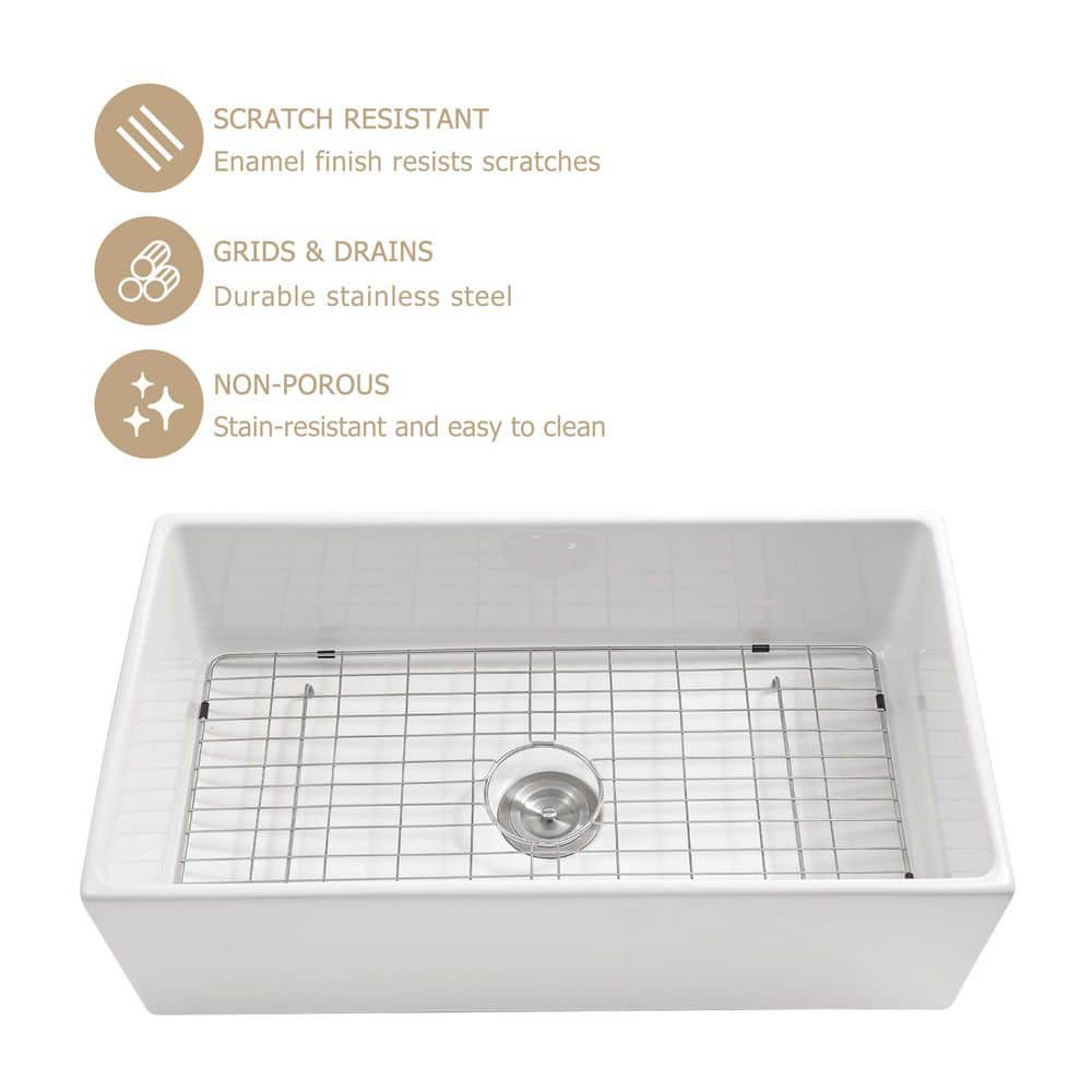 30-inch White Fireclay Farmhouse Single Bowl Kitchen Sink with Accessories