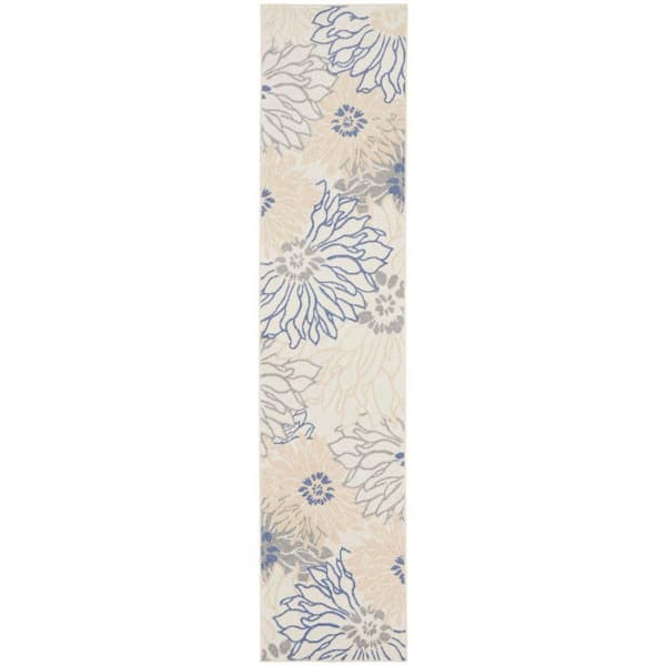 Nourison Passion Ivory Grey Blue 2 ft. x 10 ft. Floral Contemporary Runner Area Rug