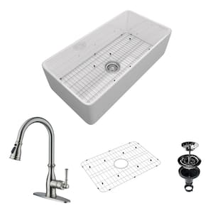 36 in. Farmhouse/Apron-Front Single Bowl Fireclay Kitchen Sink with Brushed Nickel Faucet, Bottom Grid, Strainer Basket