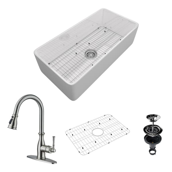Boyel Living 36 in. Farmhouse/Apron-Front Single Bowl Fireclay Kitchen Sink with Brushed Nickel Faucet, Bottom Grid, Strainer Basket