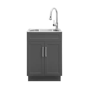 All-in-One Stainless Steel 24 in Laundry Sink with Faucet and Storage Cabinet in Dark Gray