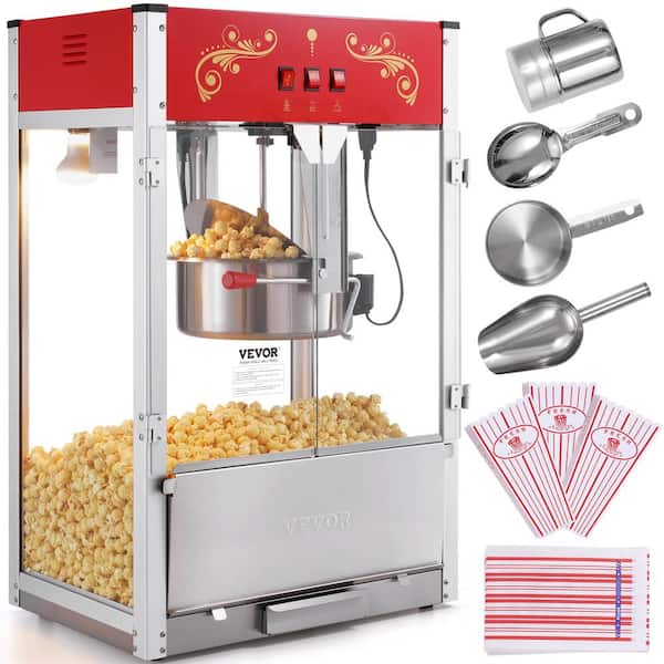 Popcorn Maker, 1615 W 16 oz. Red Oil Popcorn Machine with Tempered Glass, Kettle Large Capacity Countertop