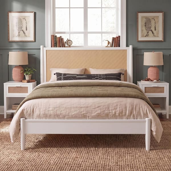 White Rubber Wood Frame Queen Size Platform Bed with Rattan Headboard, Wooden Slats Support