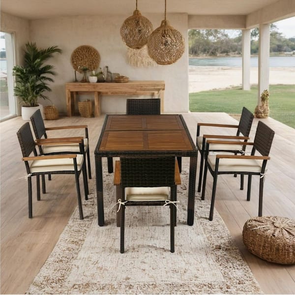 Unbranded 7 Piece Wicker Outdoor Dining Sets, Patio Furniture Dining Set w/Acacia Wood Top Brown Wicker with Cream Cushion