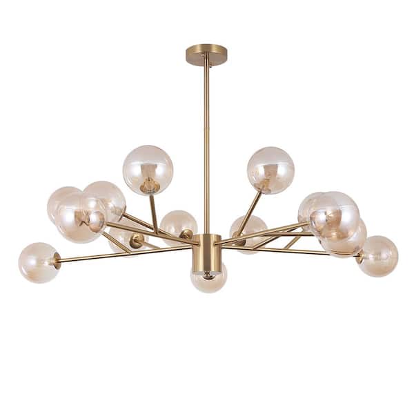 Charlie 15-Light Brass Gold Modern Amber Glass Globe Bubble Sputnik Sphere Chandelier