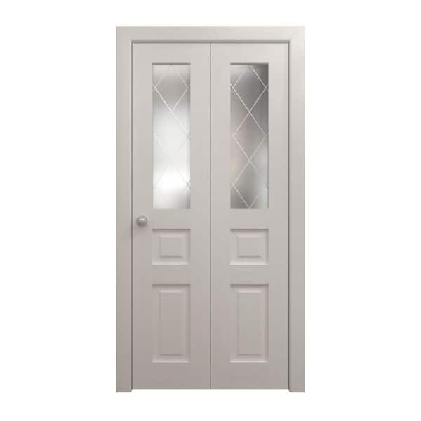 64 in. x 80 in. Frosted Glass Painted White Oak Solid Wood Bi-Fold Doors with Hardware