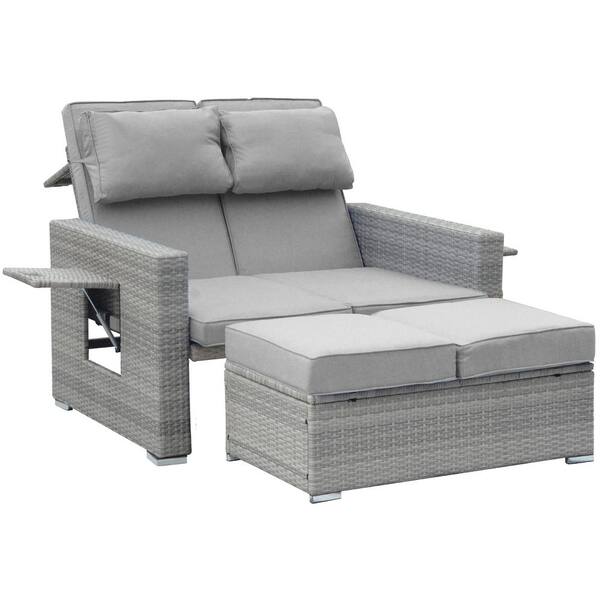 Cesicia 2-Piece Wicker Outdoor Loveseat Set and Coffee Table with Gray Cushions Adjustable Backrest and Side Folding Table