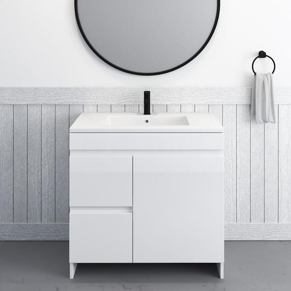VOLPA USA AMERICAN CRAFTED VANITIES Mace 36 in. W x 20 D Single Sink Bathroom Vanity Left Side Drawers in Glossy White with Acrylic Integrated Countertop