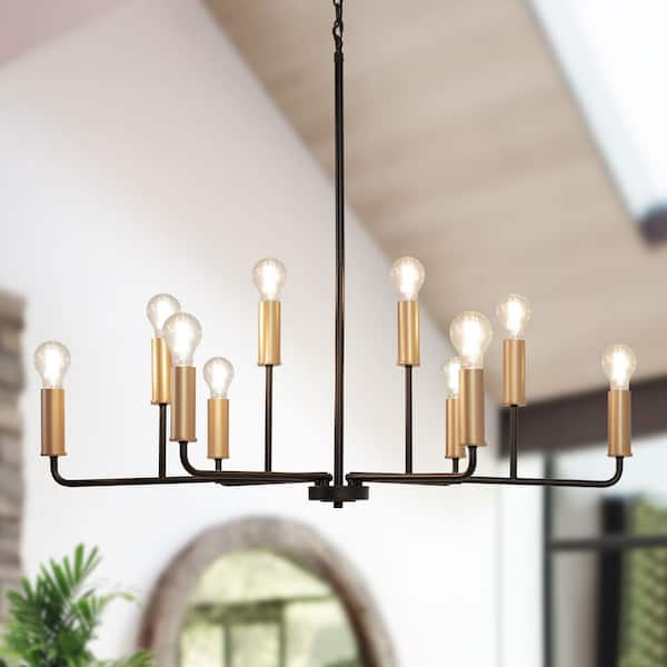 Zevni Modern Transitional 39.8 in. 10-Light Candlestick Black Chandelier, Large Dark Gold Chandelier Lighting for Living Room