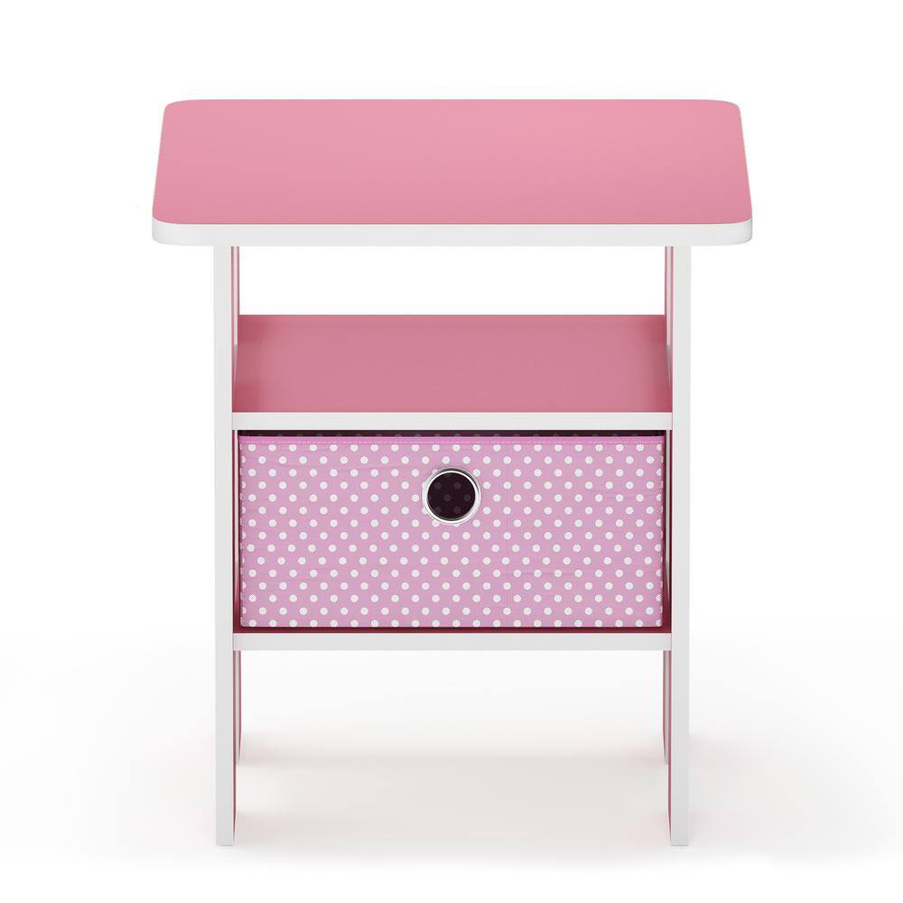 Pink and White Particle Board End Table with Fabric Drawer