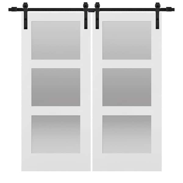 72 in. x 84 in. Shaker 3-Lite Frosted Glass Primed MDF Double Sliding Barn Door with Bent Strap Hardware Kits