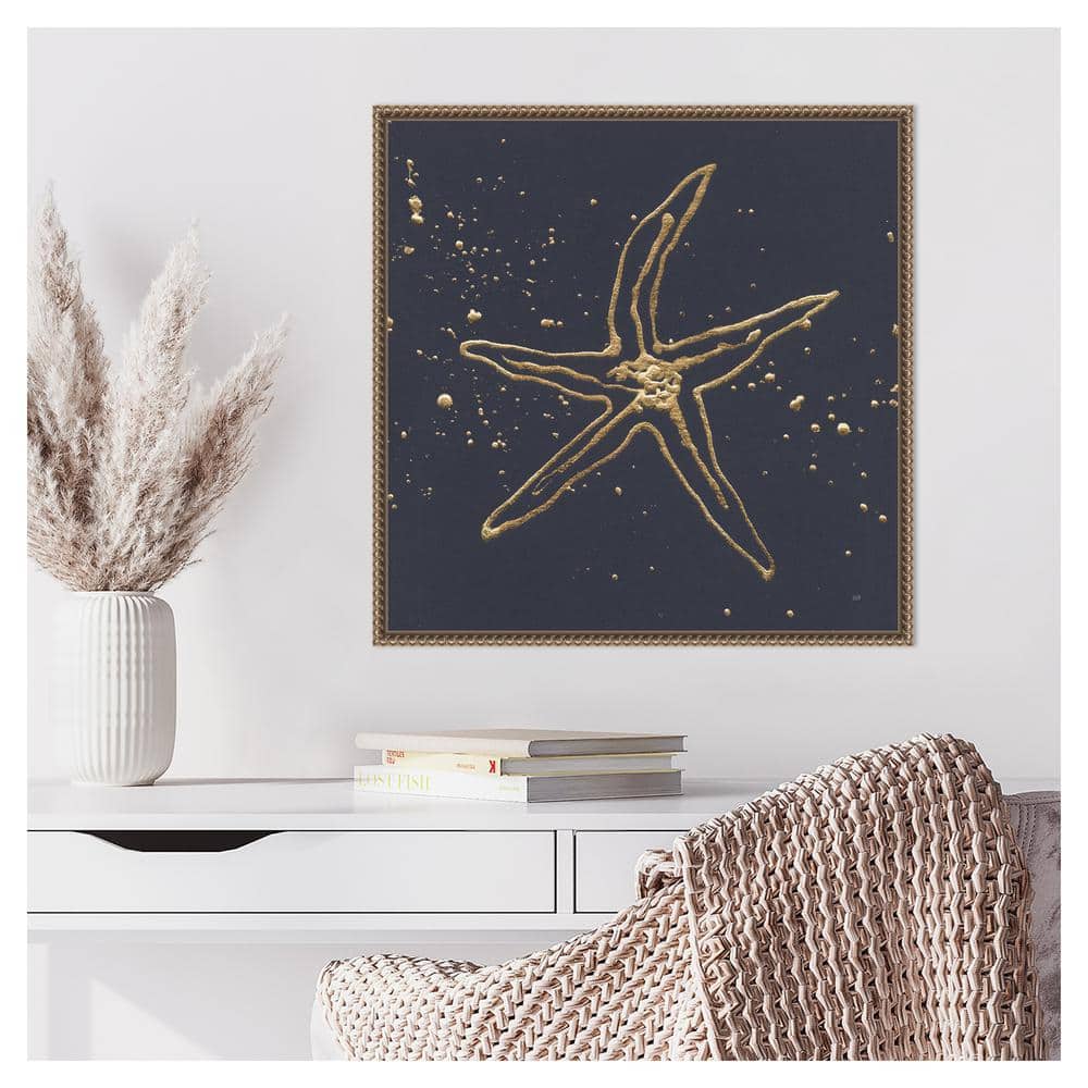 22"x22" Gold Starfish II Coastal Canvas Wall Art with Bronze Frame