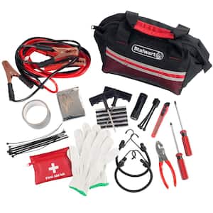 Red Emergency Roadside Tool and First Aid Kit with Travel Bag (55-Piece)