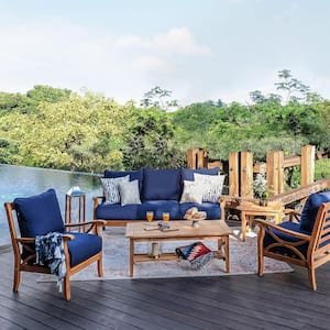 Kinsley 5-Piece Premium Indonesia Teak Wood Patio Conversation Set with Navy Cushion