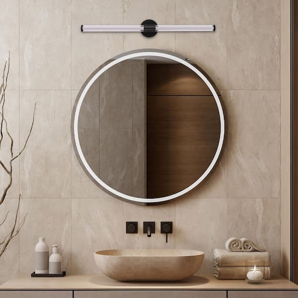 Contrast 34 in. 1-Light Flat Black Finish Integrated LED Vanity Light Bar w/ Clear Outer and Frosted Inner Glass Shade