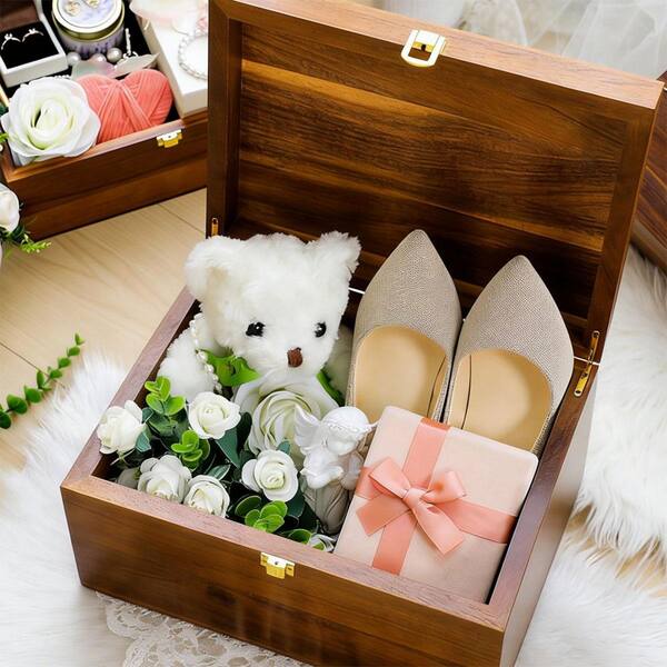 Brown 12 in. x 6 in. Wood Large Wedding Keepsake Decorative Box