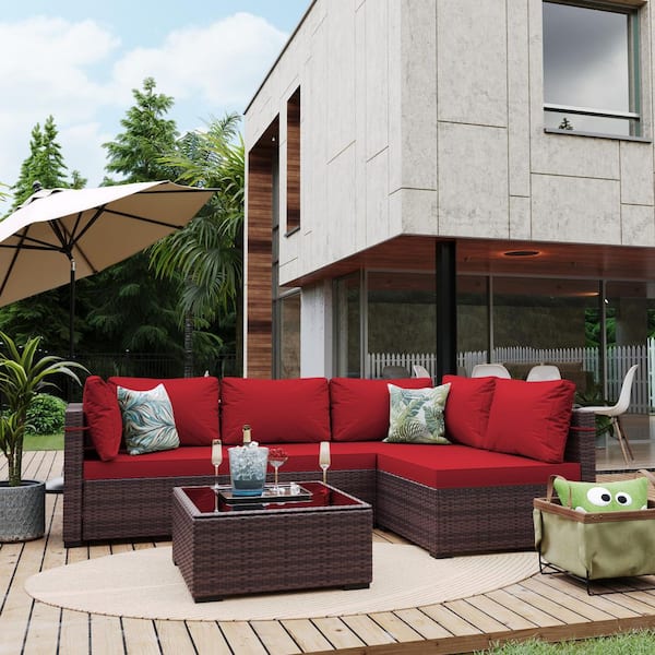 UPHA 5-Piece Wicker Patio Conversation Sectional Seating Set with Red Cushions