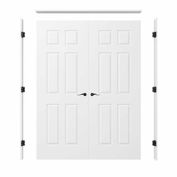 60 in. x 80 in. 6-Panel Universal-Hand Painted Solid Core Wood Double Prehung French Door + Quick Assemble Jamb