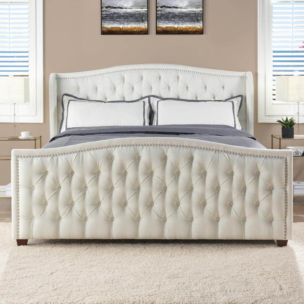 Antique White King Upholstered Bed with Tufted Headboard and Nailhead Trim