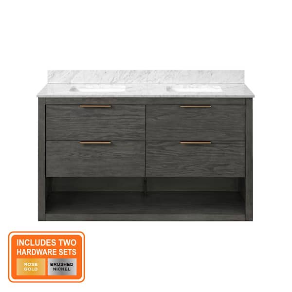 Kortine 60 in. Double Sink Black Oak Bath Vanity with White Natural Carrara Top (Assembled)