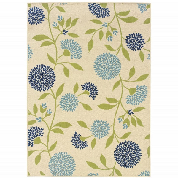 7' X 10' Blue And Ivory Floral Stain Resistant Indoor Outdoor Area Rug