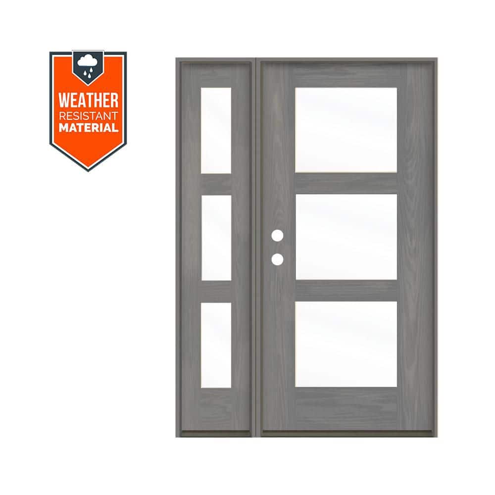 Modern 50 in. x 79 in. 3-Lite Right-Hand/Inswing Clear Glass Malibu Grey Stain Fiberglass Prehung Front Door w/LSL price history on PriceWatchPro