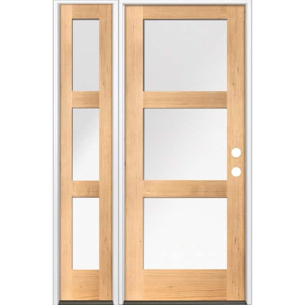 Krosswood Doors 50 in. x 80 in. Modern Hemlock 3-Lite Left-Hand/Inswing Satin Glass Clear Stain Wood Prehung Front Door