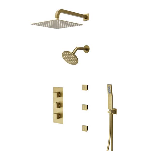 Crozet Thermostatic 8-Spray 3-Handle Wall Mount Dual Shower Head with Body Jet Shower Faucet 2.5 GPM in Brushed Gold