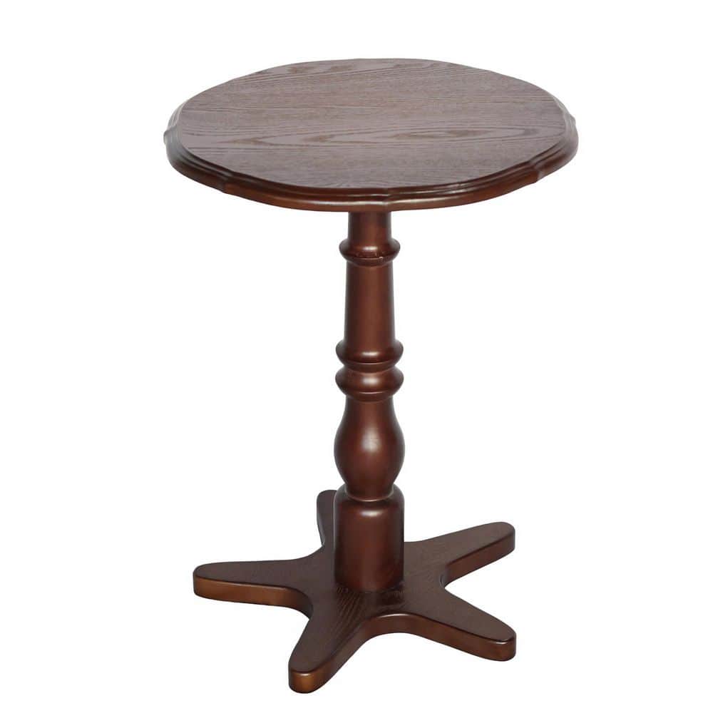 Walnut round wood end table with a pedestal base.